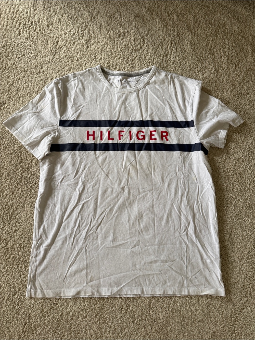 Tommy Hilfiger White Tee with Navy Stripes and Red Logo